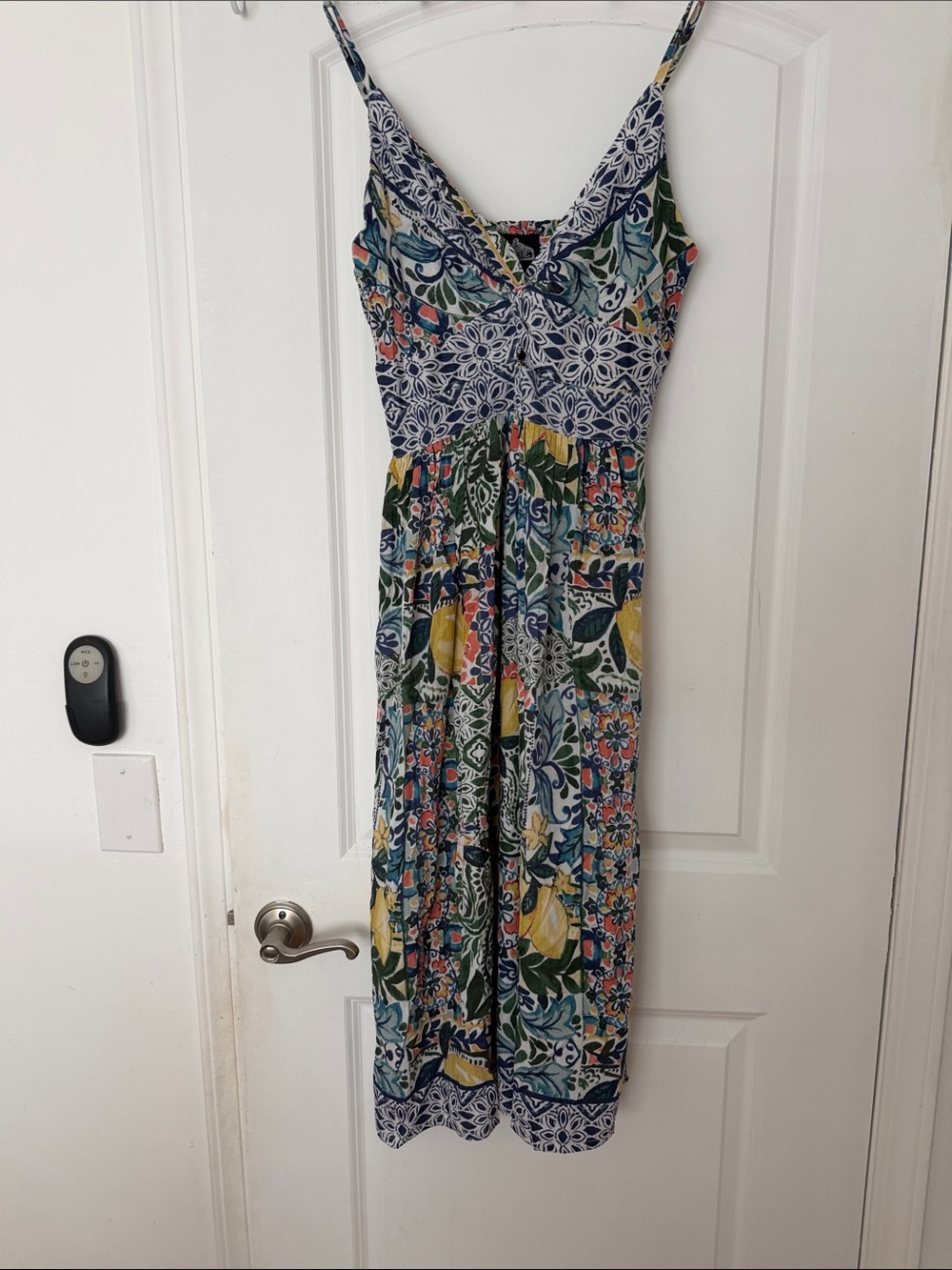 Angie Floral and Leaf Print  Dress in Blue, Green, Yellow